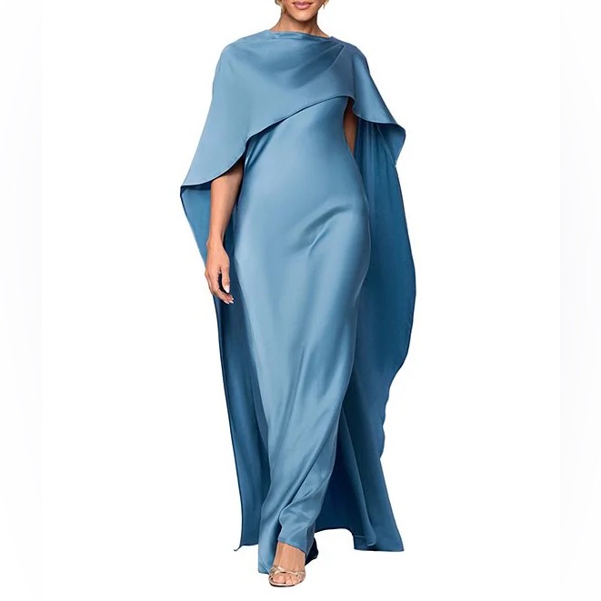 New Elegant Blue Cape Evening Gown